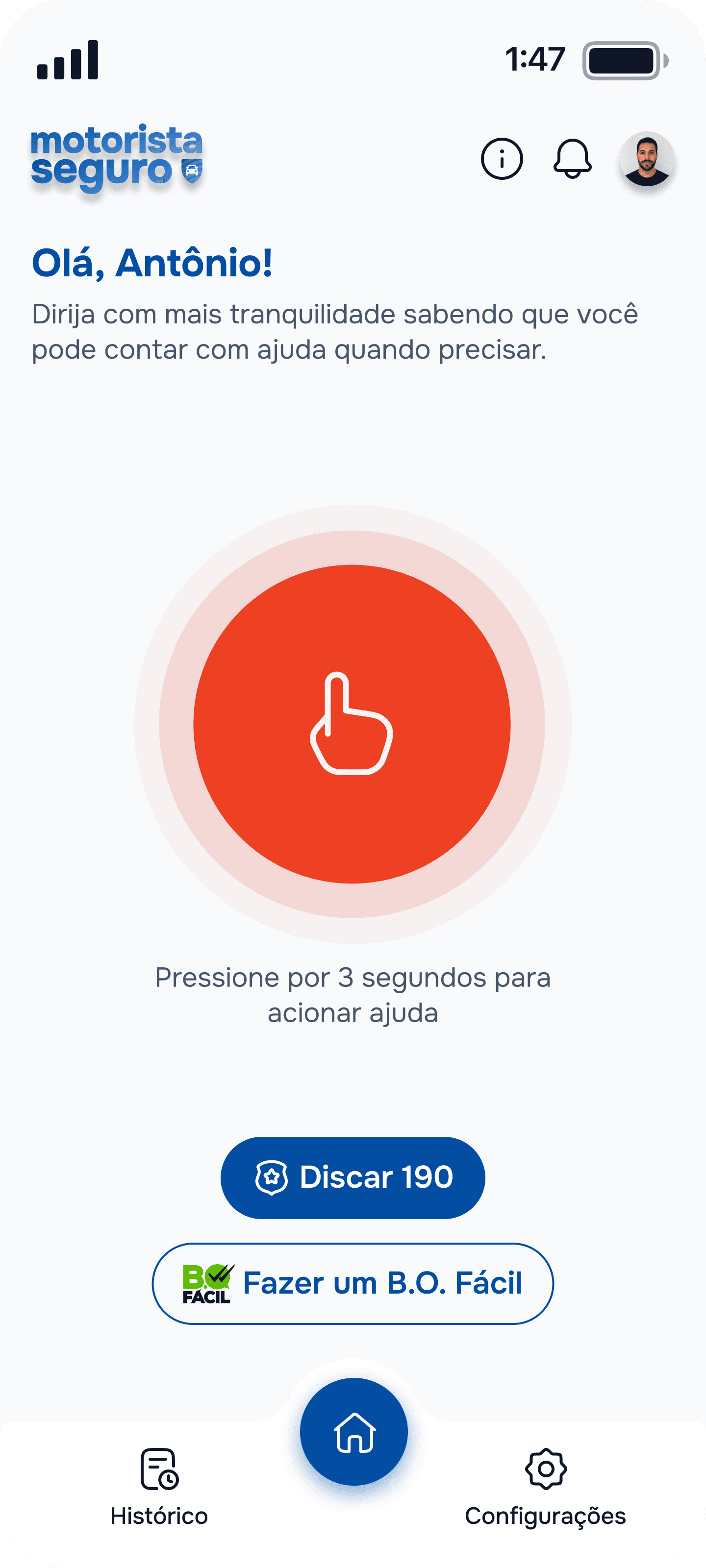 Tela inicial do app Vigilante Seguro com o botão de emergência