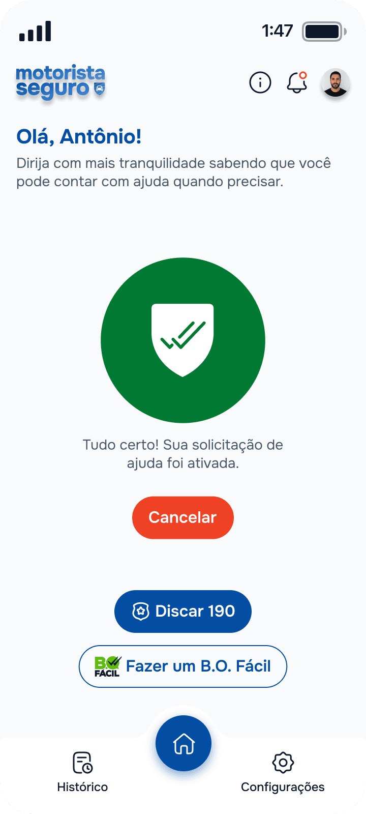 Tela de alerta ativo do Vigilante Seguro